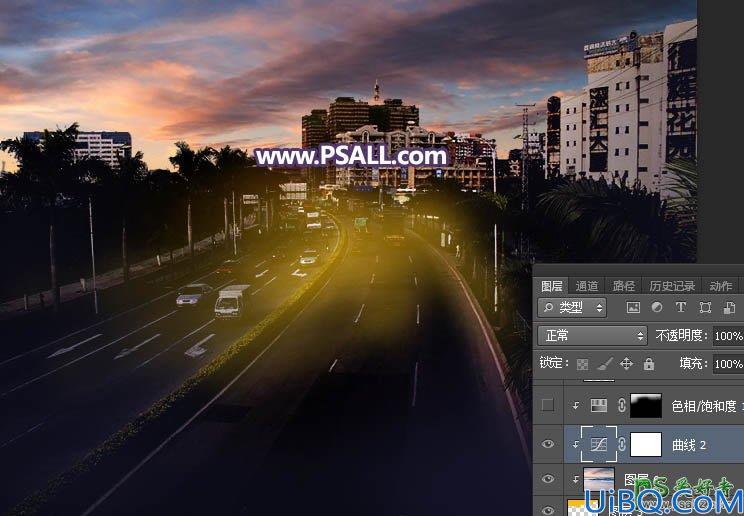 Photoshop给城市公路风景图片调出暖暖的日出效果，色彩有层次感