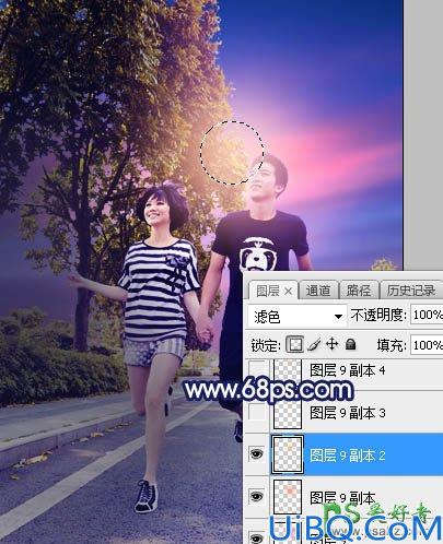 Photoshop调色教程：给街头慢跑的情侣照片调出唯美风格紫色霞光效果