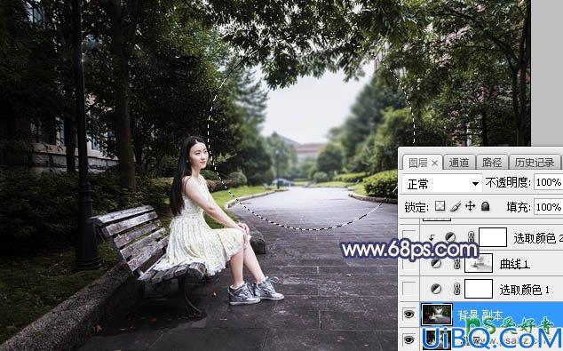 Photoshop调色教程：给马路边大树下自拍的漂亮女生照片调出唯美的晨曦色