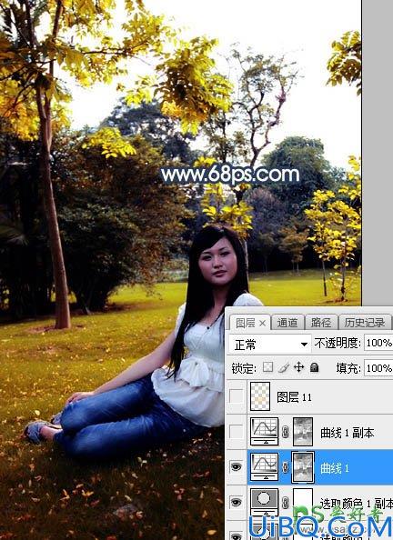 Photoshop给公园树林中等着约会的女生写真照调出温暖的霞光色