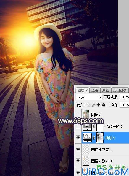 Photoshop给街景广场中的美腿女生照片调出暖色调黄昏日光效果