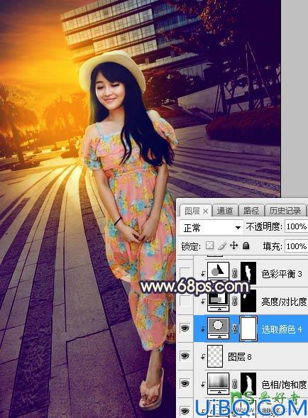 Photoshop给街景广场中的美腿女生照片调出暖色调黄昏日光效果