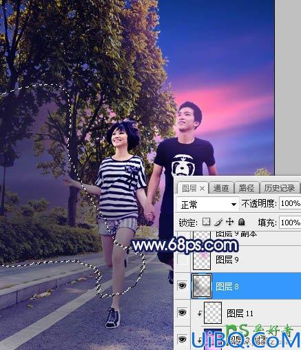 Photoshop调色教程：给街头慢跑的情侣照片调出唯美风格紫色霞光效果