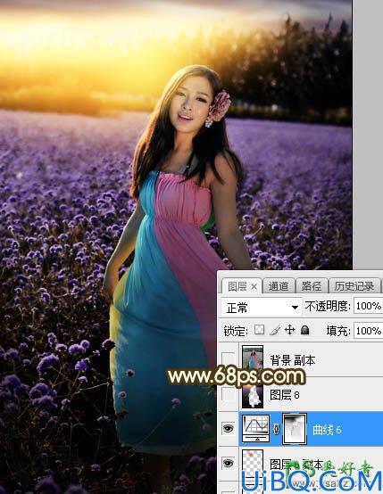 Photoshop给粉色长裙性感嫂子花圃中的写真照调出唯美意境霞光色