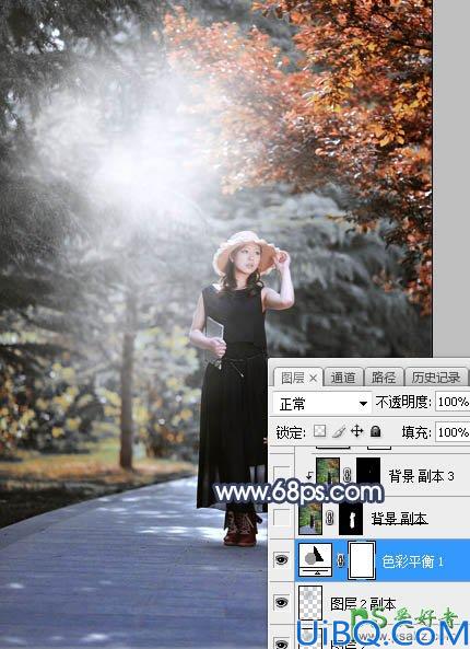 Photoshop给白领职业装妖媚美女公园写真照调出暗调秋季色彩