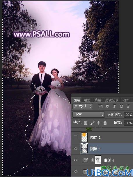 Photoshop婚纱照调色：给秋景树林中拍摄的情侣婚片调出浪漫的紫色霞光