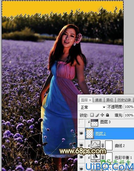 Photoshop给粉色长裙性感嫂子花圃中的写真照调出唯美意境霞光色