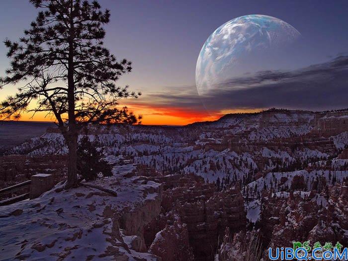 Photoshop溶图教程实例：给霞光风景照增加漂亮的行星，有种科幻的感觉