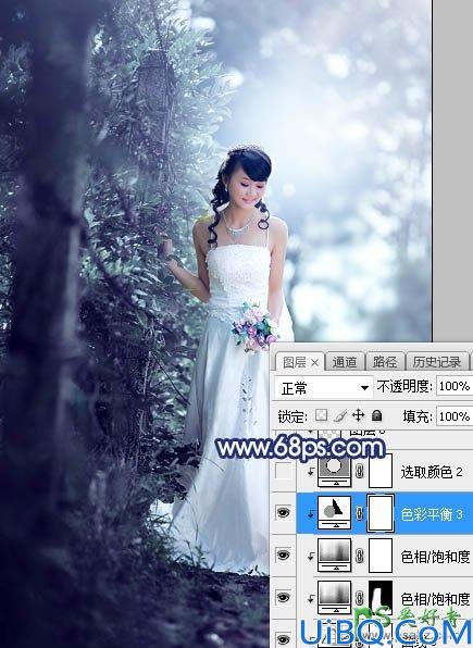 Photoshop婚片调色教程：给秋季树林中拍摄的美女婚纱照调出唯美的青蓝色