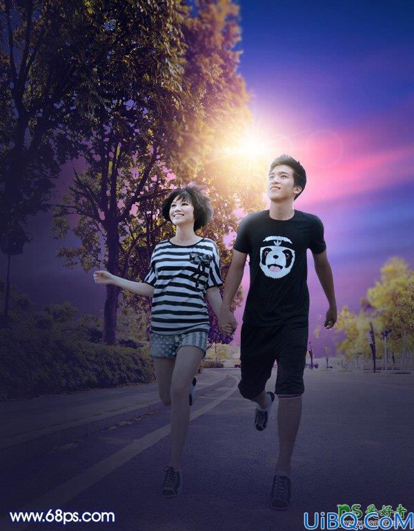 Photoshop调色教程：给街头慢跑的情侣照片调出唯美风格紫色霞光效果