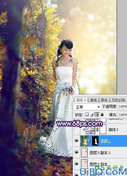 Photoshop给裸露香肩的美女婚纱照调出绚丽的蓝黄色秋季逆光效果