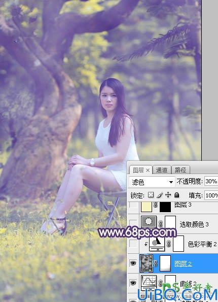 Photoshop给外景长腿美女个人艺术照摄影图片调出小清新蓝黄色