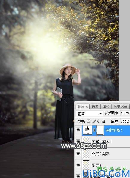 Photoshop美女图片调色教程：给公园中的黑丝长裙丰韵美女调出梦幻的黄褐