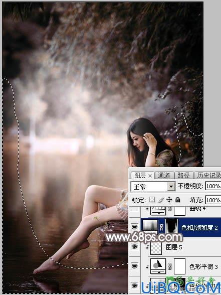 Photoshop美女图片调色实例：给公园水边自拍的美女照片调出唯美的红褐色