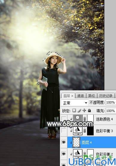 Photoshop美女图片调色教程：给公园中的黑丝长裙丰韵美女调出梦幻的黄褐