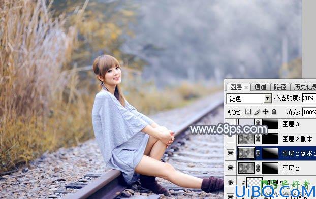 Photoshop调色教程：学习给外景铁路上自拍的美女艺术照调出秋季淡冷色