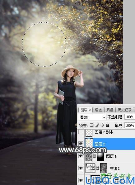 Photoshop美女图片调色教程：给公园中的黑丝长裙丰韵美女调出梦幻的黄褐