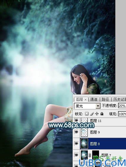 Photoshop给清纯玉腿美脚女神艺术写真图片调出梦幻唯美的青绿色