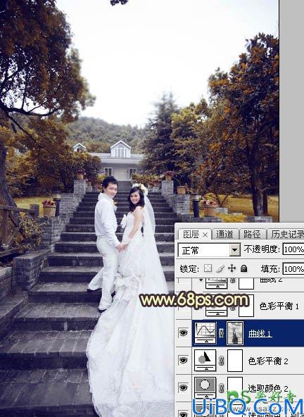 Photoshop调色教程:给古建筑风景图片中拍摄的情侣婚纱照调出唯美的黄色