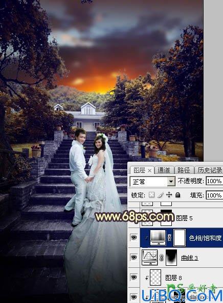 Photoshop调色教程:给古建筑风景图片中拍摄的情侣婚纱照调出唯美的黄色