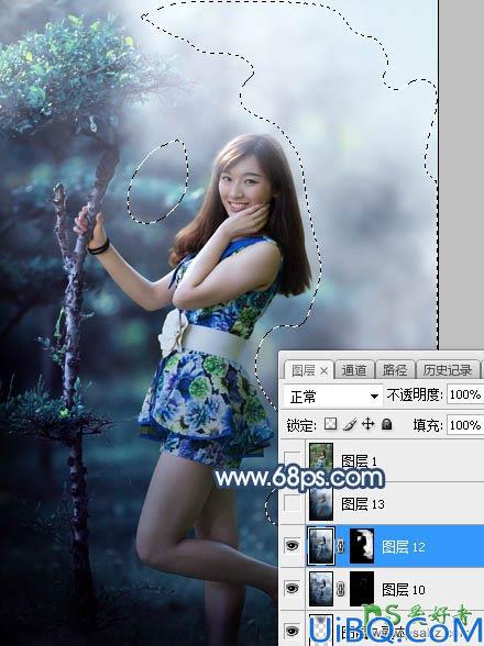 Photoshop调色教程：给树林中的性感美女老师写真照调出唯美的夏季青蓝色