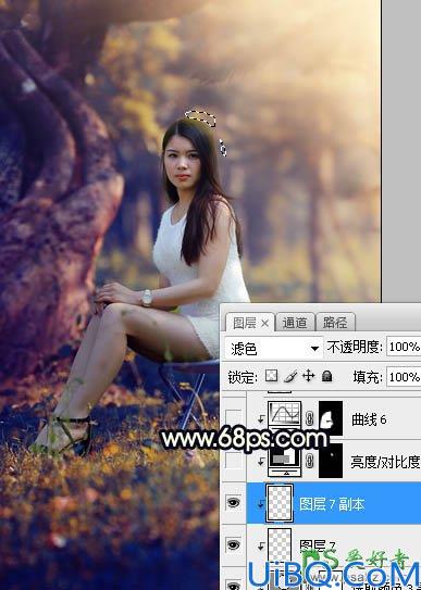 Photoshop美女图片调色教程：给树林中的性感伊人写真照调出唯美的黄色