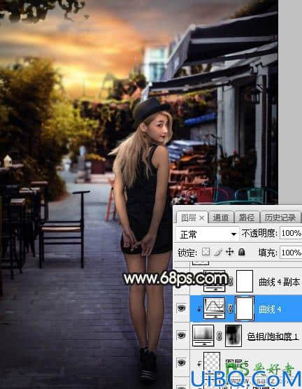 Photoshop女生照片调色：给餐厅外的金发性感女生照片调出明亮的霞光色彩