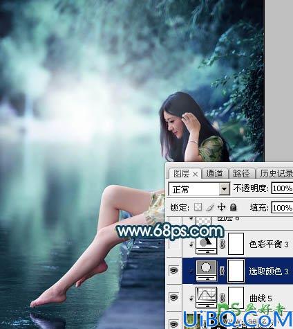 Photoshop给清纯玉腿美脚女神艺术写真图片调出梦幻唯美的青绿色