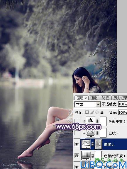 Photoshop美女调色教程：给水边自拍的长腿女生艺术照调出唯美的中性冷色