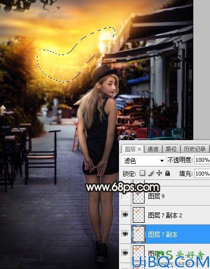 Photoshop女生照片调色：给餐厅外的金发性感女生照片调出明亮的霞光色彩