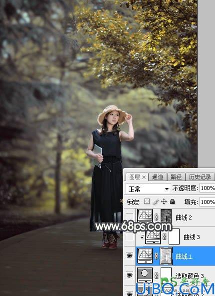 Photoshop美女图片调色教程：给公园中的黑丝长裙丰韵美女调出梦幻的黄褐