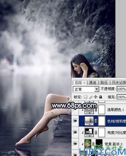 Photoshop给春天里的清纯少女玉腿美脚写真照调出梦幻的暗蓝色