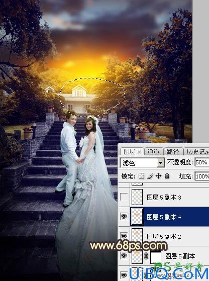 Photoshop调色教程:给古建筑风景图片中拍摄的情侣婚纱照调出唯美的黄色