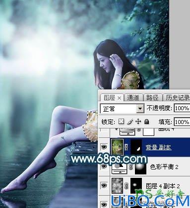 Photoshop给清纯玉腿美脚女神艺术写真图片调出梦幻唯美的青绿色