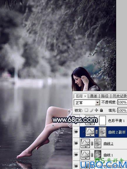 Photoshop给春天里的清纯少女玉腿美脚写真照调出梦幻的暗蓝色