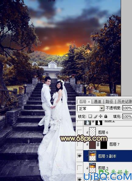 Photoshop调色教程:给古建筑风景图片中拍摄的情侣婚纱照调出唯美的黄色