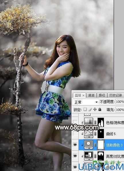 Photoshop给小树林中自拍的女生美腿照片调出中性暗红色调