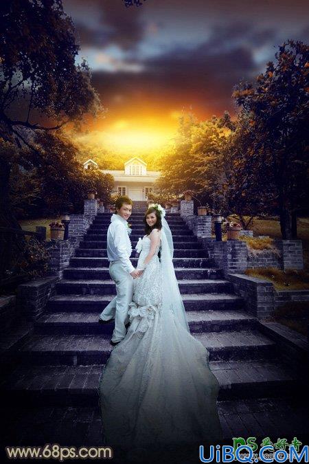 Photoshop调色教程:给古建筑风景图片中拍摄的情侣婚纱照调出唯美的黄色