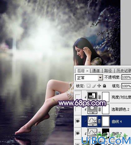 Photoshop美女调色教程：给水边自拍的长腿女生艺术照调出唯美的中性冷色