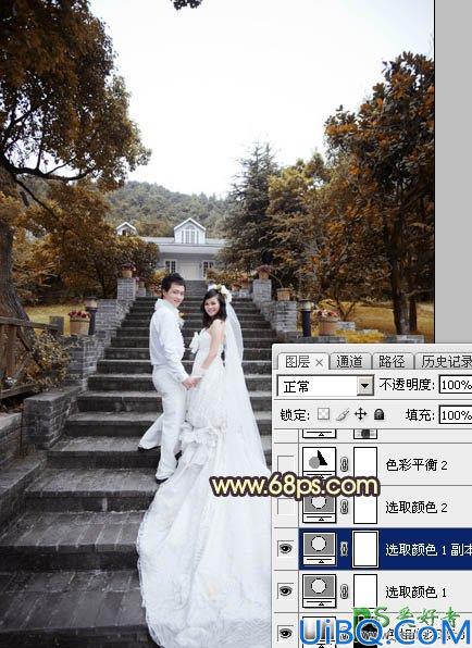 Photoshop调色教程:给古建筑风景图片中拍摄的情侣婚纱照调出唯美的黄色