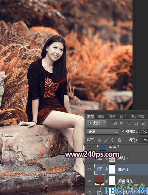 Photoshop给公园水池边洗脚的美女写真照调出甜美的橙红色