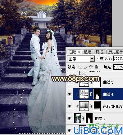 Photoshop调色教程:给古建筑风景图片中拍摄的情侣婚纱照调出唯美的黄色