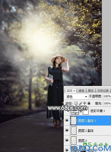 Photoshop美女图片调色教程：给公园中的黑丝长裙丰韵美女调出梦幻的黄褐