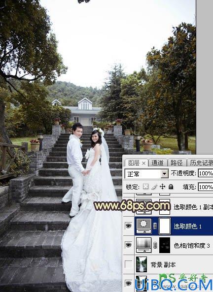 Photoshop调色教程:给古建筑风景图片中拍摄的情侣婚纱照调出唯美的黄色