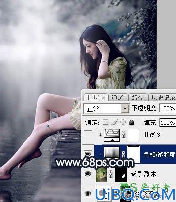 Photoshop给春天里的清纯少女玉腿美脚写真照调出梦幻的暗蓝色