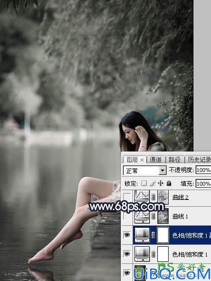 Photoshop给春天里的清纯少女玉腿美脚写真照调出梦幻的暗蓝色