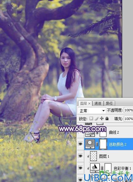 Photoshop给外景长腿美女个人艺术照摄影图片调出小清新蓝黄色