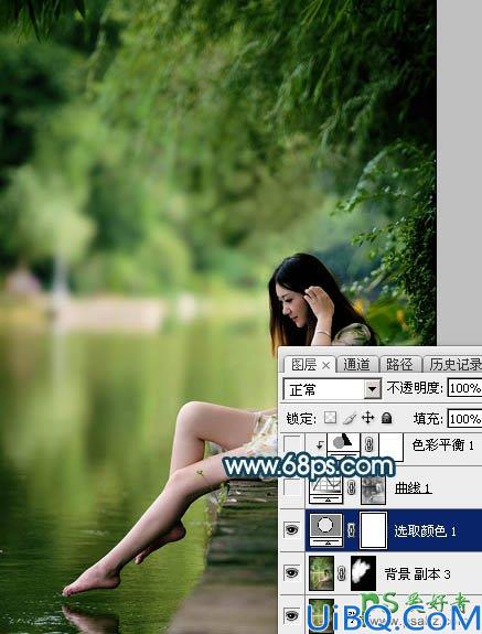 Photoshop给清纯玉腿美脚女神艺术写真图片调出梦幻唯美的青绿色