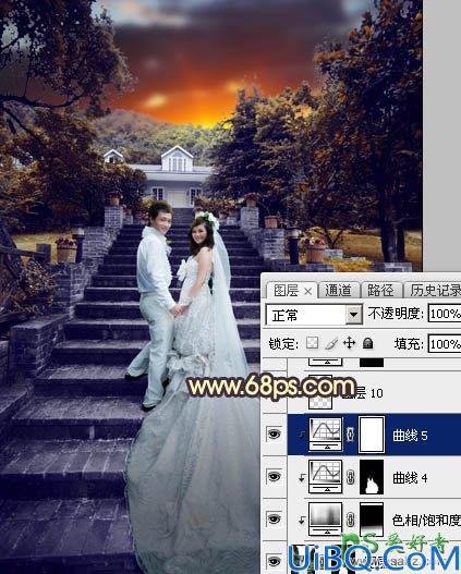 Photoshop调色教程:给古建筑风景图片中拍摄的情侣婚纱照调出唯美的黄色