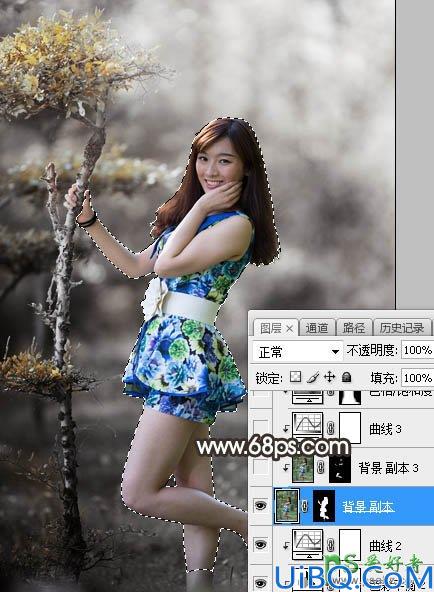 Photoshop给小树林中自拍的女生美腿照片调出中性暗红色调